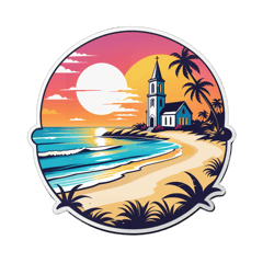 Make a cool t-shirt logo design old church with beautiful beach in the background  sticker on T-Shirt