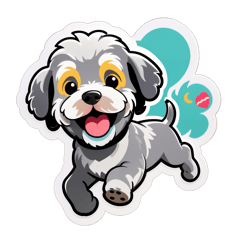 A grey Schnoodle running in a park with happy face sticker on T-Shirt