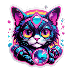 synthwave cat with electronic gems sticker on T-Shirt