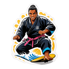 Uma imagem de um judoca de cinto preto de costas, que está a beira mar a ver as ondas e esta a segurar numa prancha de long board que tem as listas na vertical dos cintos de judo sticker on T-Shirt