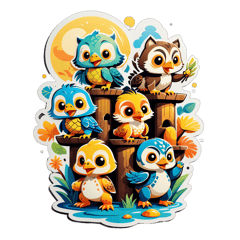 totem, funny animals such as a turtle, puppy, duckling and owl climb on totem sticker on T-Shirt