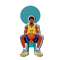 Basketball player sit on bench, ball at feet sticker on T-Shirt