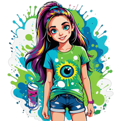 Make a vector design for print, Make a vector design for print, beautiful young girl with amazing vibrant green/blue eyes and long hair in a tshirt and tight shorts with paint stains with a spraycan in her hand on a transparent background sticker on T-Shirt