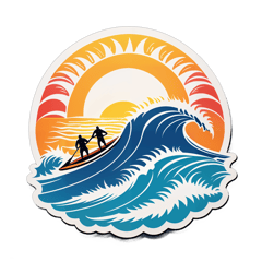 surfboat rowers with the sun and big waves sticker on T-Shirt