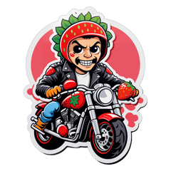 A motor biker with a strawberry head sticker on T-Shirt