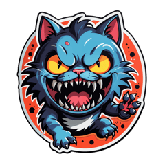 I want to make a t-shirt design with an illustration of a cat monster that eats humans. This design is in a dark cartoon style sticker on T-Shirt