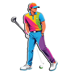 A golf player of a posture hitting the ball ,must wear a hat,trousers,long sleeves sweat shirt and a a fashion necklace..make it colourful.  sticker on T-Shirt