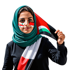  --une femme palestinnienne  de bout un foulard palestinien  sur la tete ,, très haut elle brande le drapeau palestinien..  trois hommes arabes , un cache ses yeux avec ses mains , un cache sa  bouche avec ses mains, l'autre cache ses oreilles avec ses mains. sticker on T-Shirt