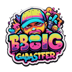 A gangster aesthetic with graffiti typography. Muted colors with bright neon accenting sticker on T-Shirt