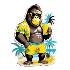 gorilla on a beach wearing yellow pineapple b oard shorts wearing sunglasses hoding a tropical drink sticker on T-Shirt