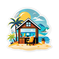 working in office cabin near a beach on an island sticker on T-Shirt