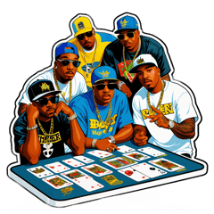 Rappers master p, rapper Juvenile, rapper Bird man, & rapper silk the shocker at a table playing cards. At the top of this shirt it says The Hot Boys Tour sticker on T-Shirt