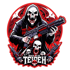Scary Text hateful angry lots of lighting bolts skulls reaper type theme intense header reads  which reads death to the whites gothic text style 90s low quality style reaper scary ramming ar15 gun into white mans mouth lots of blood coming out of man’s mouth and stomach blood all over  sticker on T-Shirt