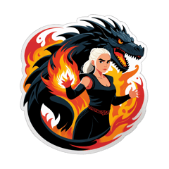 Quiero una camiseta negra de mujer con un estampado en el centro de una foto de Khaleesi de juego de tronos con un dragón rodeada de fuego en medio de la camiseta en grande y el fondo integrado al dibujo.   Deberá ser una camiseta muy moderna y sorprendente y que ponga hecho por Svet abajo del dibujo con letras de fuego sticker on T-Shirt