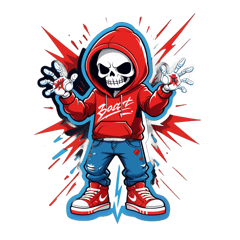 "A cool and edgy illustration on a textured dark background. The central figure is a stylized skeleton wearing a red and white hoodie, blue jeans, and red and white sneakers, posed in a low squat. Lightning bolts are striking around the skeleton, adding a dynamic effect. Above the skeleton, in a distressed, handwritten-style font, are the words 'Don't Touch'. Below the skeleton, in a smaller, similar font, are the words 'Don't Touch' again. The overall aesthetic is gritty and urban." sticker on T-Shirt
