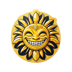 create a logo using a tiki sun god smiling with the business name Coding Fancy Work in yellow gold colour scheme sticker on T-Shirt