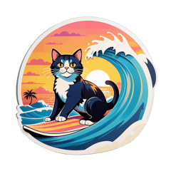 a cat surfing a wave at sunset sticker on T-Shirt