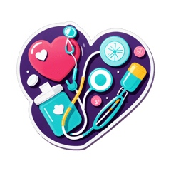 Injection, stethoscope, pills, heart sticker on T-Shirt