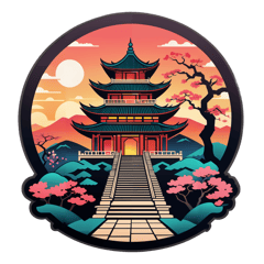an ancient chinese temple from qing dynasty,located in a hill,the sun is setting,there are a lot of staircase to temple,around the temple there are sakura trees sticker on T-Shirt