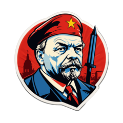 lenin com os revolucionarios russo ao fundo e o simbolo da foice e martelo em destaque sticker on T-Shirt