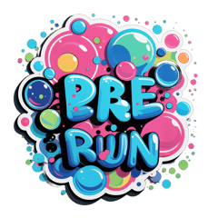 Be text-based featuring the words "Bubble Run" with an abstract bubble pattern as a unique accent. - Incorporate a vibrant color scheme including Blue, Green, Pink, Grey, and Black. However, feel free to come up with your own color ideas complementing the run's fun and energetic atmosphere. sticker on T-Shirt