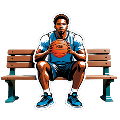 Basketball player sit on park bench, ball at feet. With quote of "Tired of sitting on bench" sticker on T-Shirt