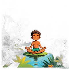 boy meditating in the jungle at the riverside sticker on T-Shirt