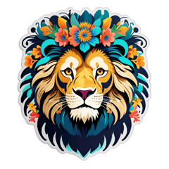 Surreal Animal Portraits: A lion's head with a mane made of blooming flowers, blending wildlife with botanical elements. sticker on T-Shirt