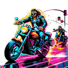 "Dynamic biker escape scene, muscular rider in leather jacket with sunglasses and bandana on custom chopper motorcycle, police vehicles in pursuit with flashing lights and sirens, urban nighttime setting with neon lights and wet pavement reflections, high-energy action composition, digital art style with vibrant colors and motion blur effects, suitable for t-shirt printing" sticker on T-Shirt